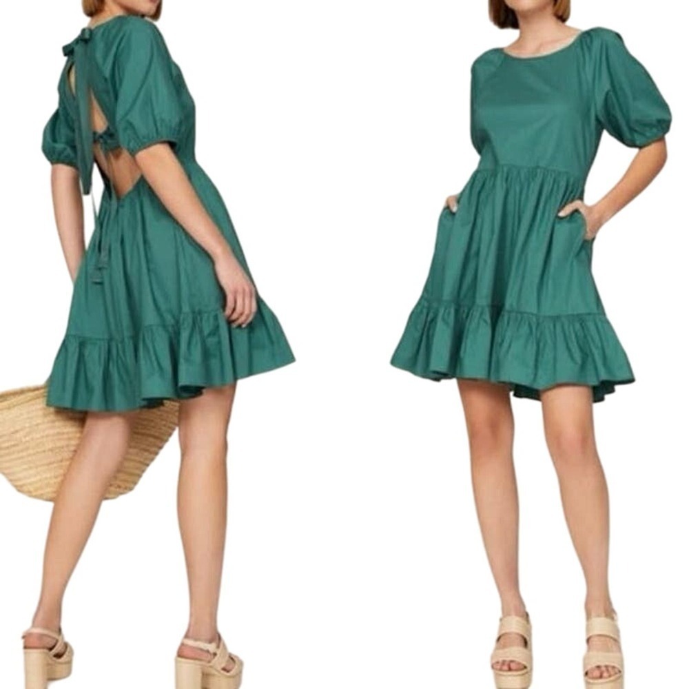 PETER SOM Green Puff Sleeve Bow-Tie Back Puff Sleeve Mini Dress - Sz 6